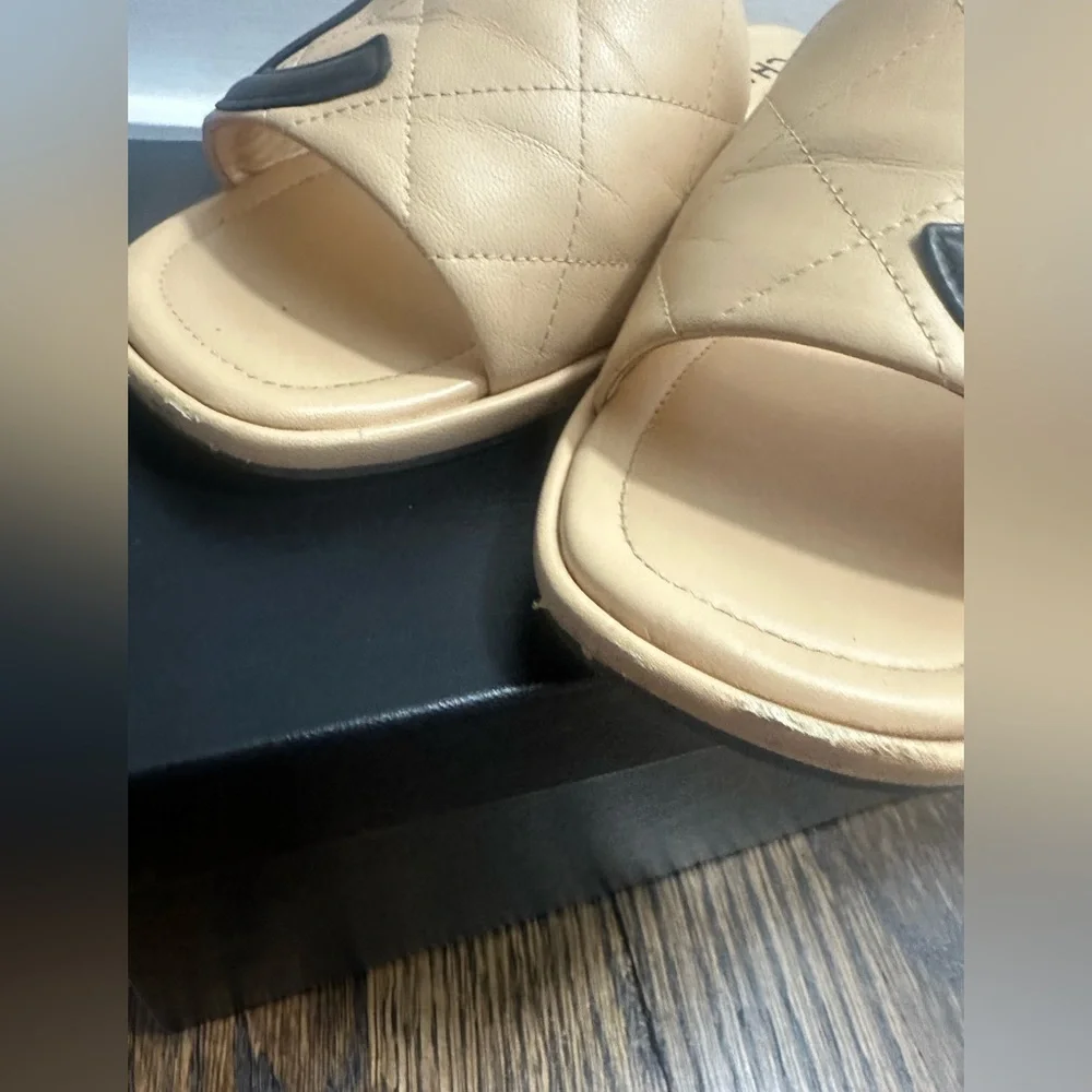 Chanel Cambon Beige Quilted Slides with Black Interlocking CC in Black - Picture 5 of 10